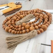 Brown Wood Bead Garland With Tassels Rustic Farmhouse Tiered Tray Holiday Decorations Natural Country Home Decor